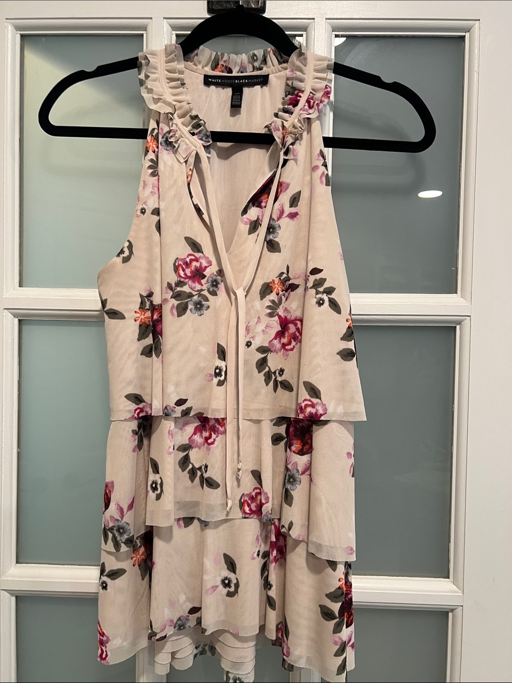 White House Black Market Cream Floral Ruffle Tiered Blouse